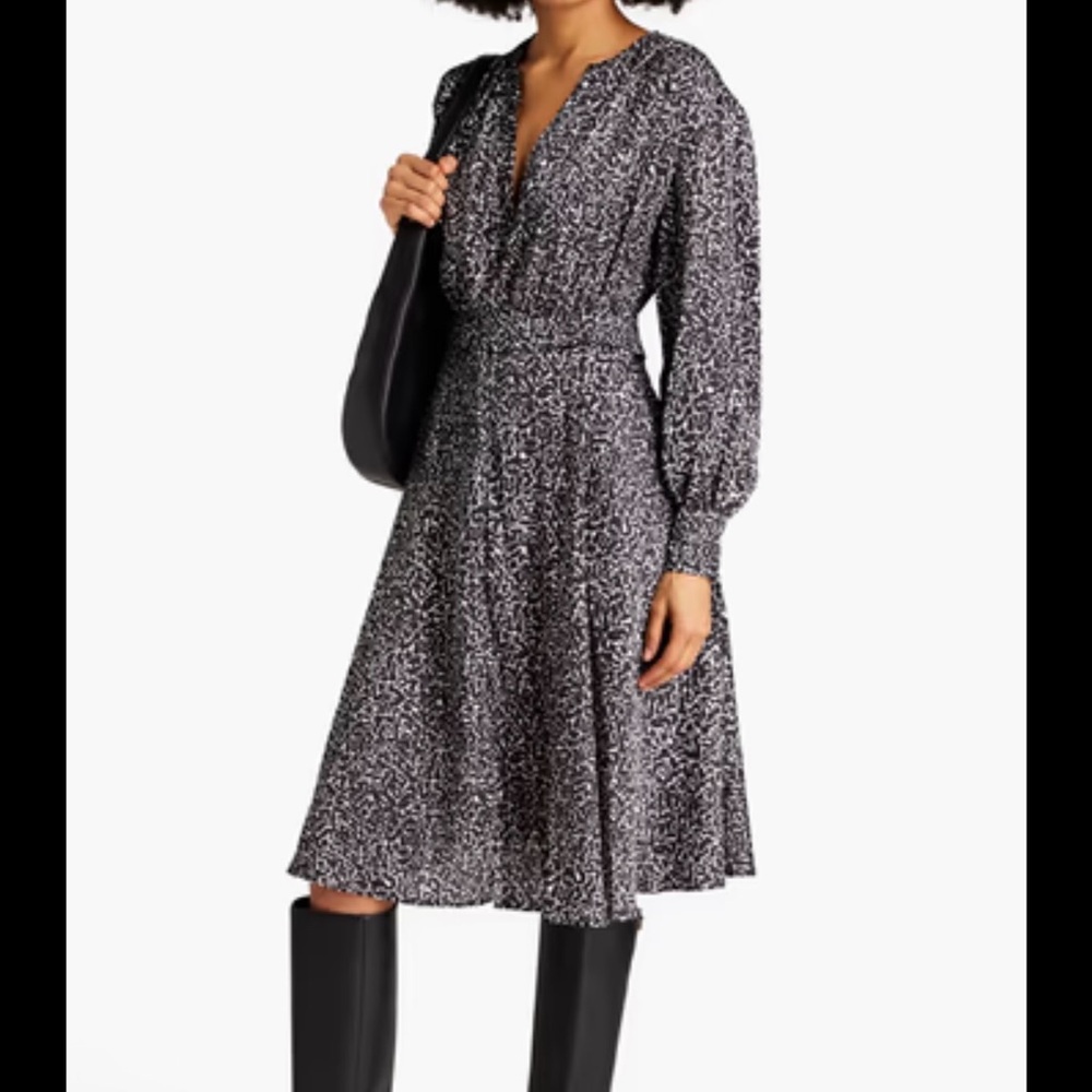 Officine Générale Gathered Printed Satin Midi Dress – Black Size XS